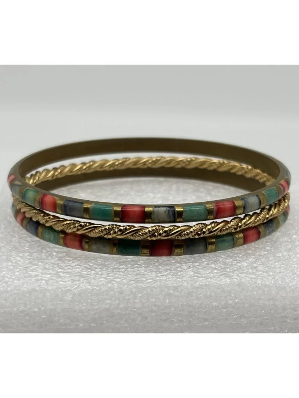 Lot of Three Vintage Bangle Bracelets 2 Brass Multicolor Inlay 1 Gold Tone Metal